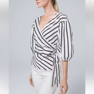 WHBM White and Black Striped Wrap Shirt Sz L